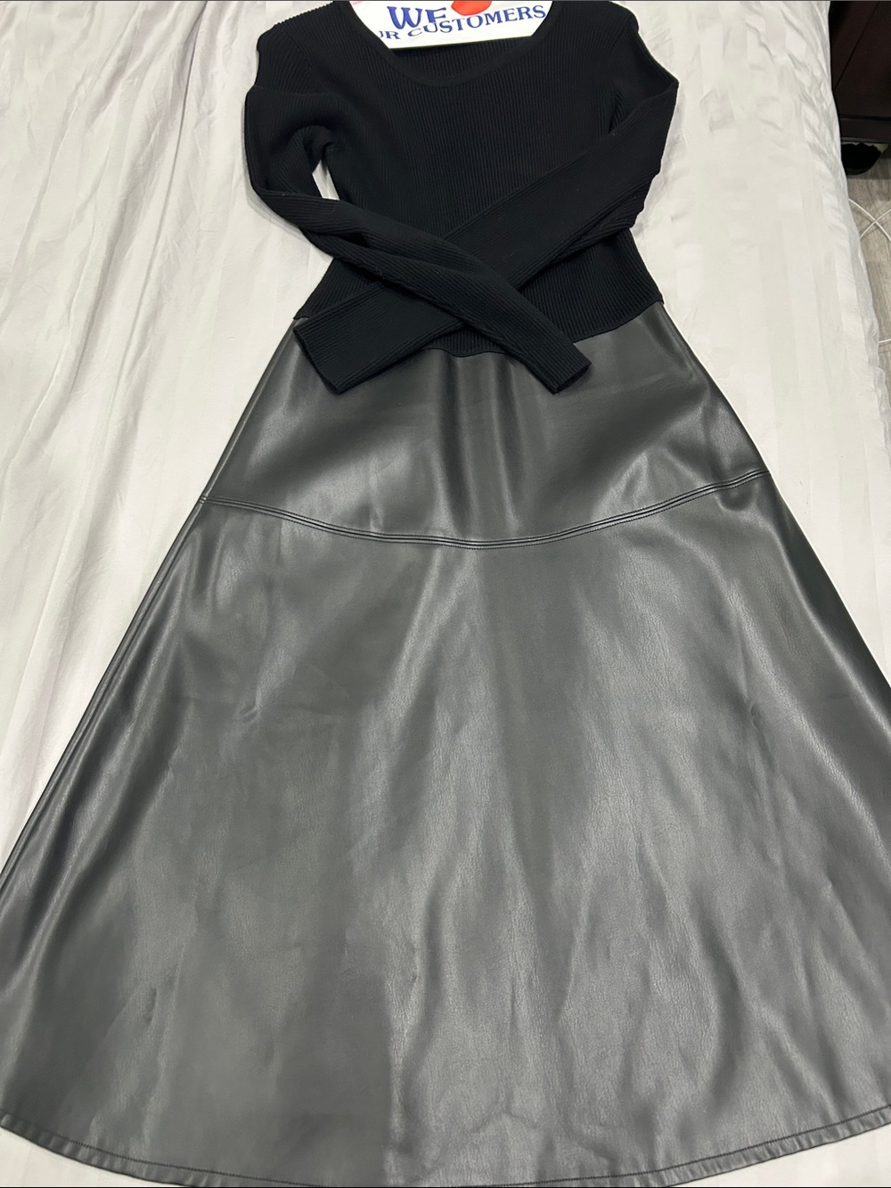 Tahari T Black Faux Vegan Leather A-Line Midi Sweater Dress S